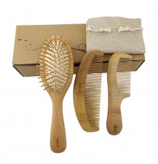 Natural Wood Hair Brush with Wooden Bristles Massage Scalp Comb and Peach Wood Beard Comb for Men and Women 3 pcs