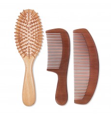 Natural Wood Hair Brush with Wooden Bristles Massage Scalp Comb and Peach Wood Beard Comb for Men and Women 3 pcs by vklw