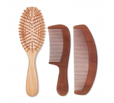 Natural Wood Hair Brush with Wooden Bristles Massage Scalp Comb and Peach Wood Beard Comb for Men and Women 3 pcs by vklw